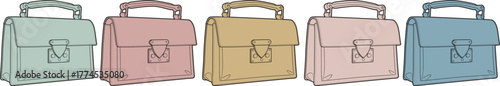 Five modern briefcases in soft pastel colors, digitally illustrating professional organization, business readiness, and academic pursuits, neatly aligned