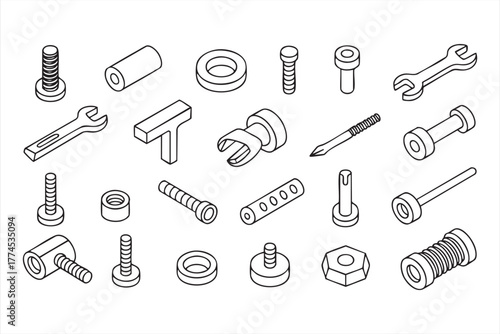 Black and white line art fastener collection for engineering and construction design
