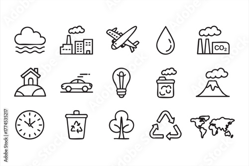 Clean outline icons of earth, recycle, and pollution for ecology projects