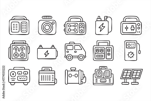 Portable power station and solar energy icon set in minimalist line art vector