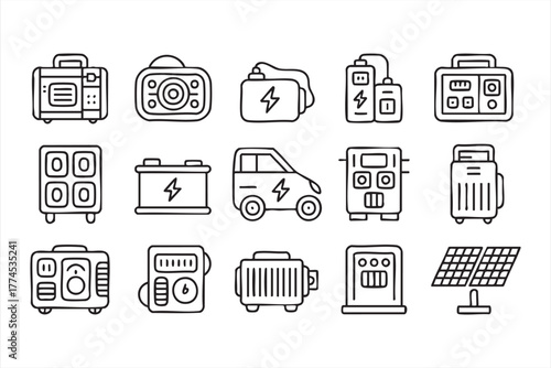 Renewable energy and power supply line art icons for eco and technology projects
