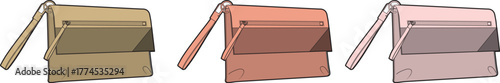 An elegant collection of women's clutch purses shown in three different colors. A vector illustration representing modern fashion and style accessories