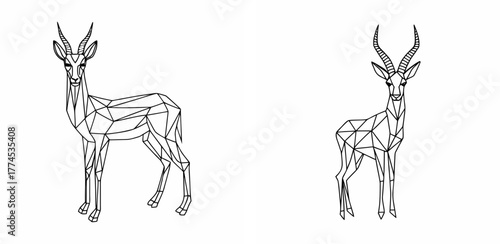 Gazelle polygonal art illustration in minimalist black and white style, transparent background, isolated, vector, set  