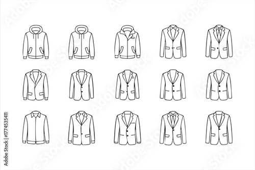 Minimalist line art vector set of men’s jackets, suits, and hoodies for fashion design