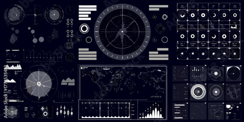Futuristic digital interface displaying global data analytics and complex scientific charts on a dark background