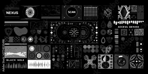 Abstract futuristic sci fi interface elements and data visualization collage in monochrome