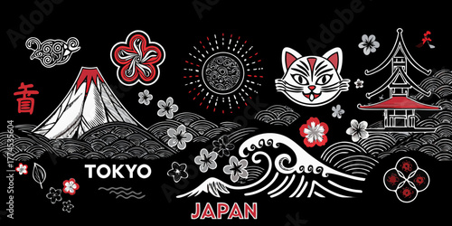Vibrant japanese cultural icons including mount fuji a pagoda and a lucky cat set against a black background