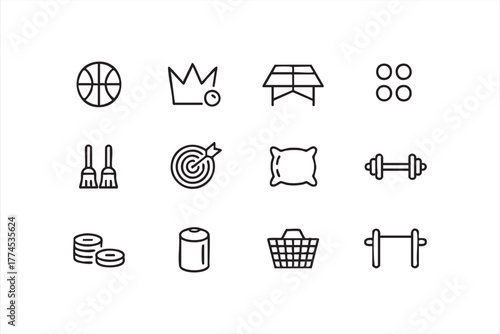 Minimalist sports and fitness icon set in black and white line art vector style