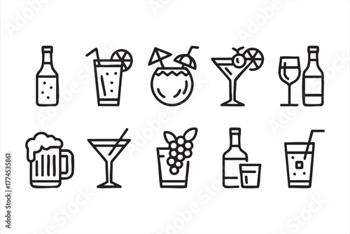 Cocktail and beverage line art icon set for bar and restaurant vector design