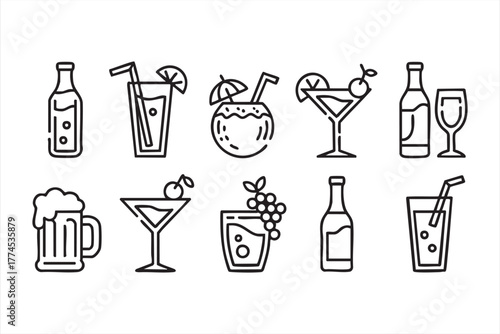 Modern outline illustration pack of cocktails and beverages for menu design