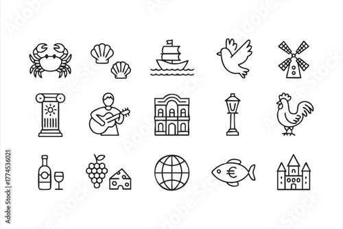 Heritage and tourism vector icons for European art, architecture, and cuisine design
