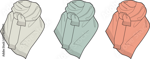 Collection of fashion flat sketches showing a woman's winter poncho scarf in three different color variations. Vector template for apparel design
