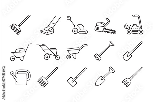 Gardening and landscaping line art icons for outdoor tools and equipment design