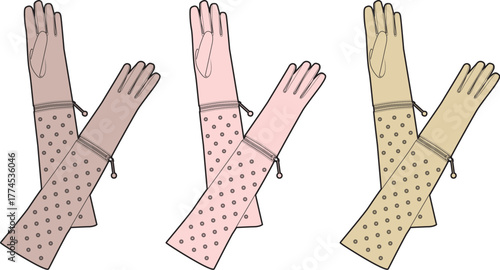 Elegant vector set of women's long evening gloves in various colors. Fashion accessory concept for formal wear and vintage style