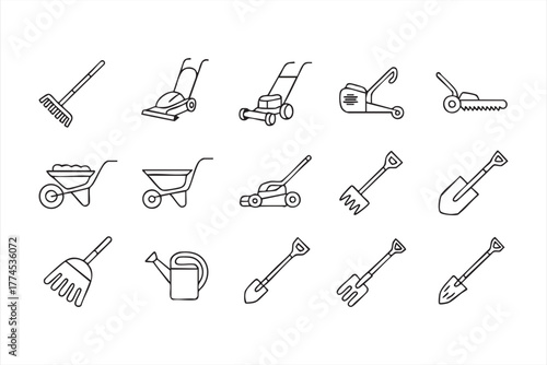 Modern outline illustrations of lawn mower, watering can, and spade for design use