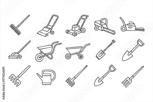 Vector pack of gardening tools and farming equipment for eco and outdoor themes