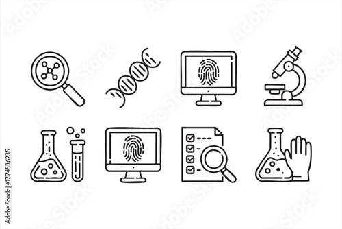 Minimal black and white vector icon set of DNA, fingerprint, and microscope elements