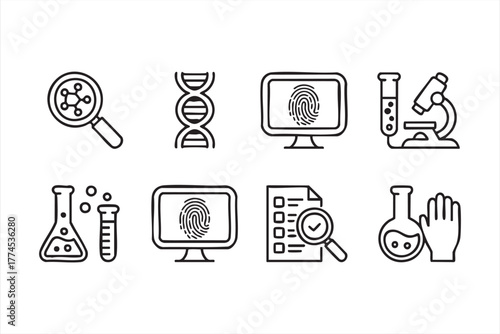 Scientific research and forensic analysis outline icons for education and design use