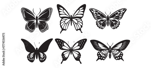 Butterfly Silhouette Collection: A visually stunning monochrome series showcases the intricate beauty of six distinct butterfly silhouettes, perfect for adding a touch of elegance to any design.
