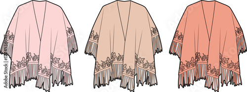Artistic fashion design illustration featuring three elegant fringed ponchos with intricate decorative patterns in soft pink, beige, and coral hues, ideal for apparel concept creation