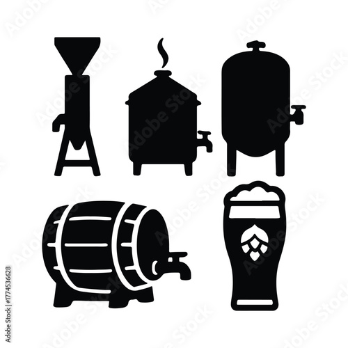 Brewery Equipment Silhouettes: A graphic representation of brewery equipment silhouettes, from fermentation tanks and barrels to the final product in a glass, illustrating the brewing process.