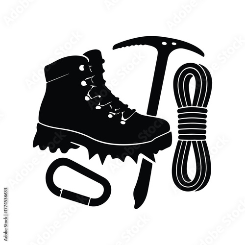 Climbing Essentials Silhouette: A graphic representation of mountaineering gear, including boots, ice axe, rope, and carabiner. A tribute to outdoor exploration and adventurous endeavors.