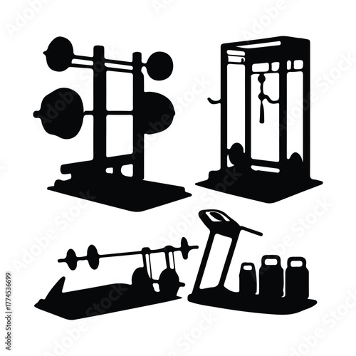 Gym Equipment Silhouettes: Silhouette of gym equipment showing gym tools in a gym studio or fitness studio.