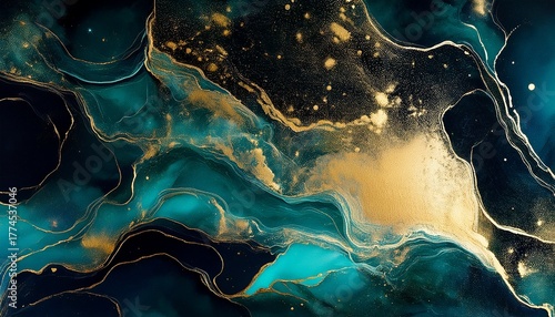 Abstract Cosmic Nebula Painting Dark Teal Gold
