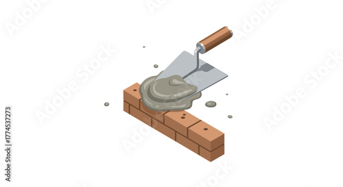 Isometric construction trowel applying mortar on brick wall