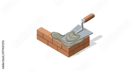 Isometric trowel and brick wall construction with mortar