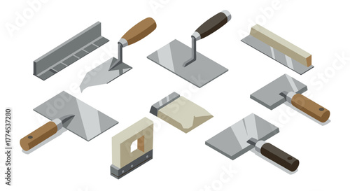 Isometric masonry tools set with trowels and floats for construction projects