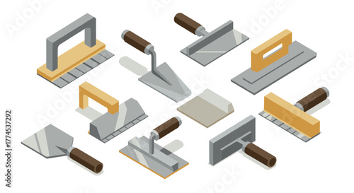 Isometric collection of construction tools for tiling and plastering projects