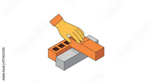 Hand placing brick on stack of bricks in flat design construction scene