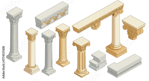 Classical architectural columns in isometric greek design featuring ionic and corinthian styles