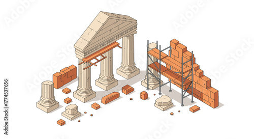 Ancient greek temple construction in isometric style with columns and scaffold