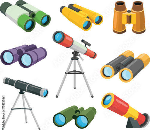 Binoculars and telescopes set, optical viewing devices, colorful designs, stargazing tools, bird watching gear, surveillance equipment, vector illustration collection