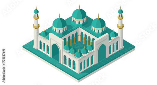Elegant isometric mosque with domes and arches on a white background