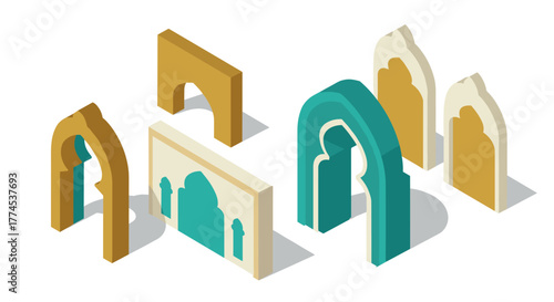 Isometric middle eastern archways and gates in vibrant colors