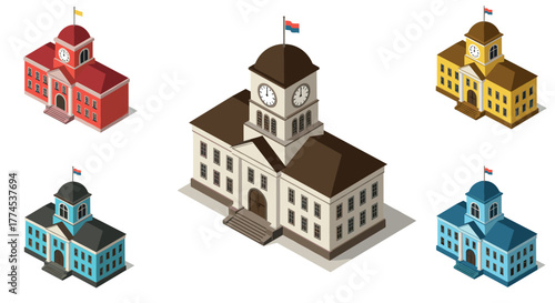 Isometric government building set with clock tower and national flags