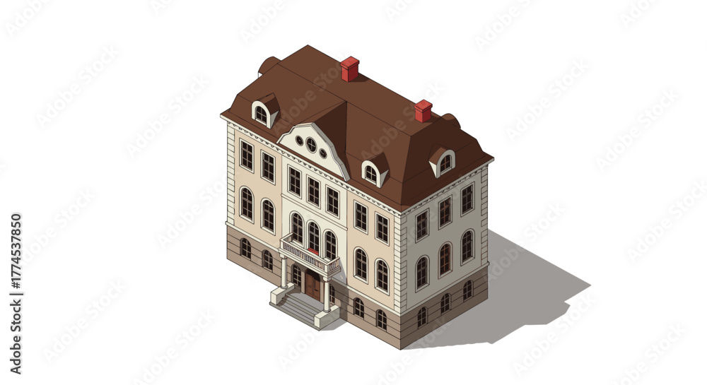 Fototapeta premium Elegant isometric mansion architecture with brown roof and chimneys