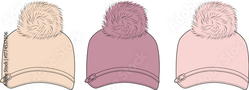 Set of three colorful winter beanie hats with fluffy fur pom-poms and zipper detail. Fashionable headwear accessories technical flat sketch vector illustration