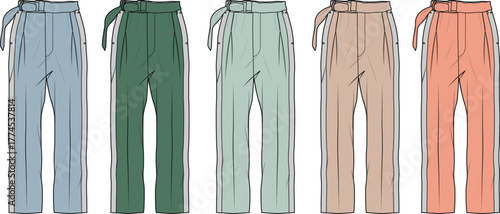 A vibrant assortment of retro-inspired belted trousers with side seam stripes. Technical flat vector illustration for apparel and fashion mockups