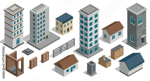 Isometric building structures: urban and residential architecture collection
