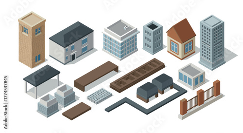 Isometric architecture elements set for building design and urban planning