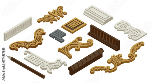 Ornamental architectural moldings and finials in isometric style