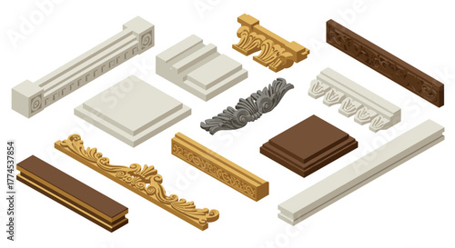 Isometric architectural elements: classic decorative molding and ornamental friezes