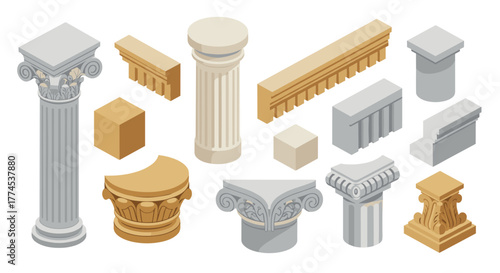 Classical architecture elements collection with isometric columns and capitals