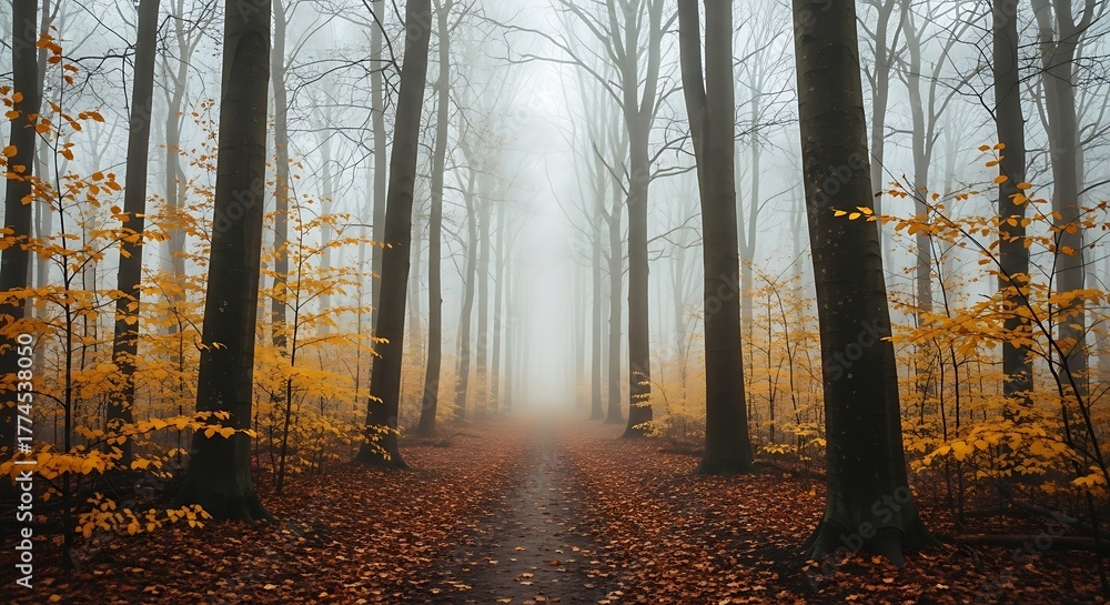 Obraz premium Autumnal forest path leading into the misty distance scenic nature landscape