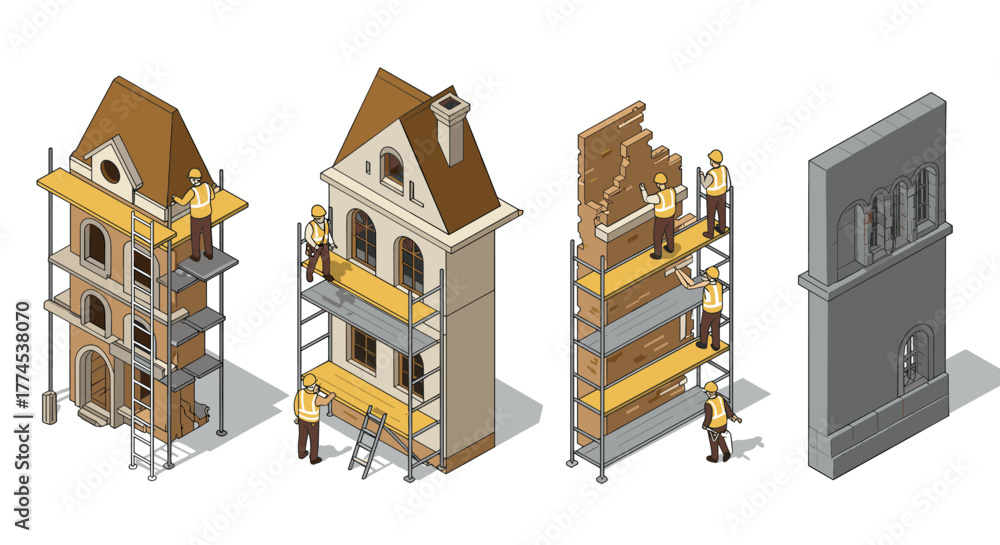 Fototapeta premium Construction workers building and restoring houses in isometric style