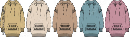 Color variations of oversized hoodies with kangaroo pockets, perfect for casual wear, fashion design